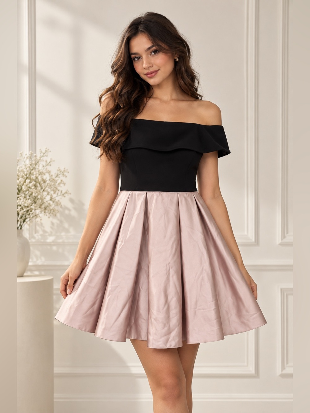 Betsy & Adam Size 4 Black Blush Pink Off Shoulder Party Dress